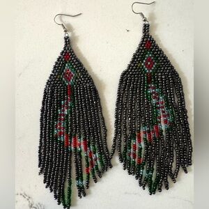 Handmade Native American Elegant Dark Grey Iridescent Beaded Earrings